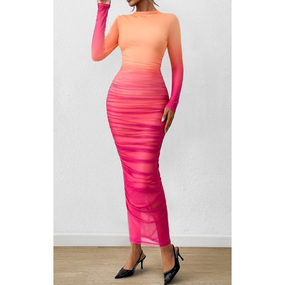 Women's Gradient Bean Long Sleeve Spring Ruched Bodycon Floral Mesh Maxi Dress - Picture 5 of 5